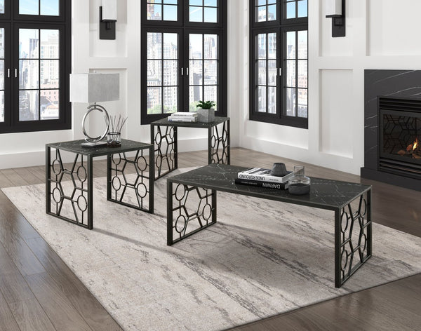 English Elm Modern Melody 3-Piece Occasional Table Set – Marble-Print Tempered Fluted Glass Top, Black Geometric Base, Cocktail + 2 End Tables B011P297644