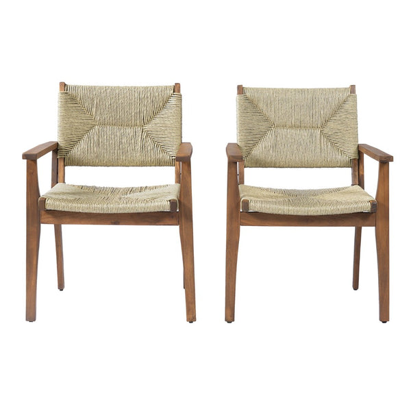 English Elm Durable Outdoor Dining Chairs Acacia Wood Handwoven Wicker Patio Set of Two Teak N770P345267T