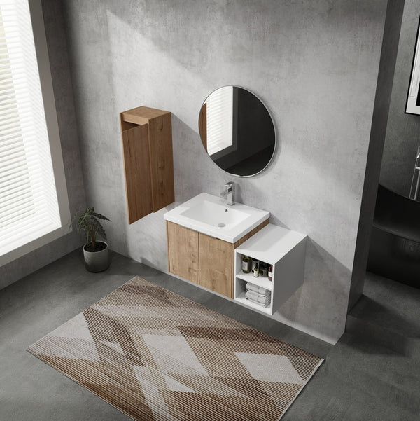 English Elm 36" Wall-Mounted Bathroom Vanity With Resin Sink & Side Cabinet - Modern Storage, Soft-Close Design W999S00224