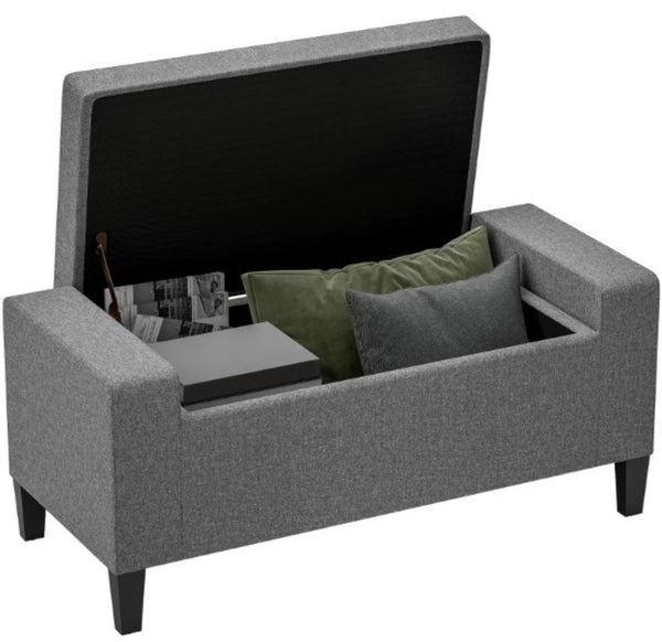 English Elm Upholstered Storage Bench with Lift Top Linen Fabric Seat and Rubberwood Legs T3971P416408