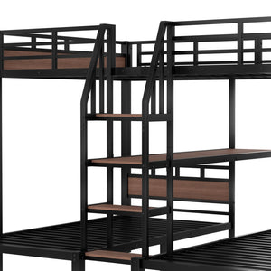 English Elm Twin Triple Bunk Bed Black Metal Frame with Built-in Storage Stairs and Shelves W1580S00620