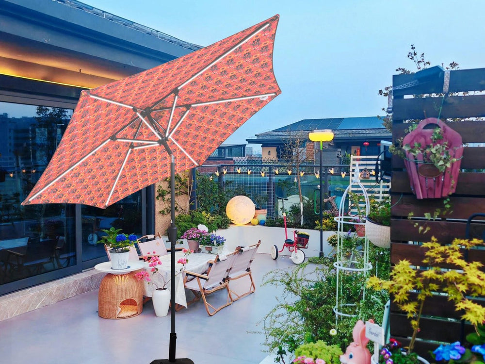 English Elm 9ft Solar Led Patio Umbrella with Tilt Crank and Upf 40 Polyester Canopy Outdoor W656P406903
