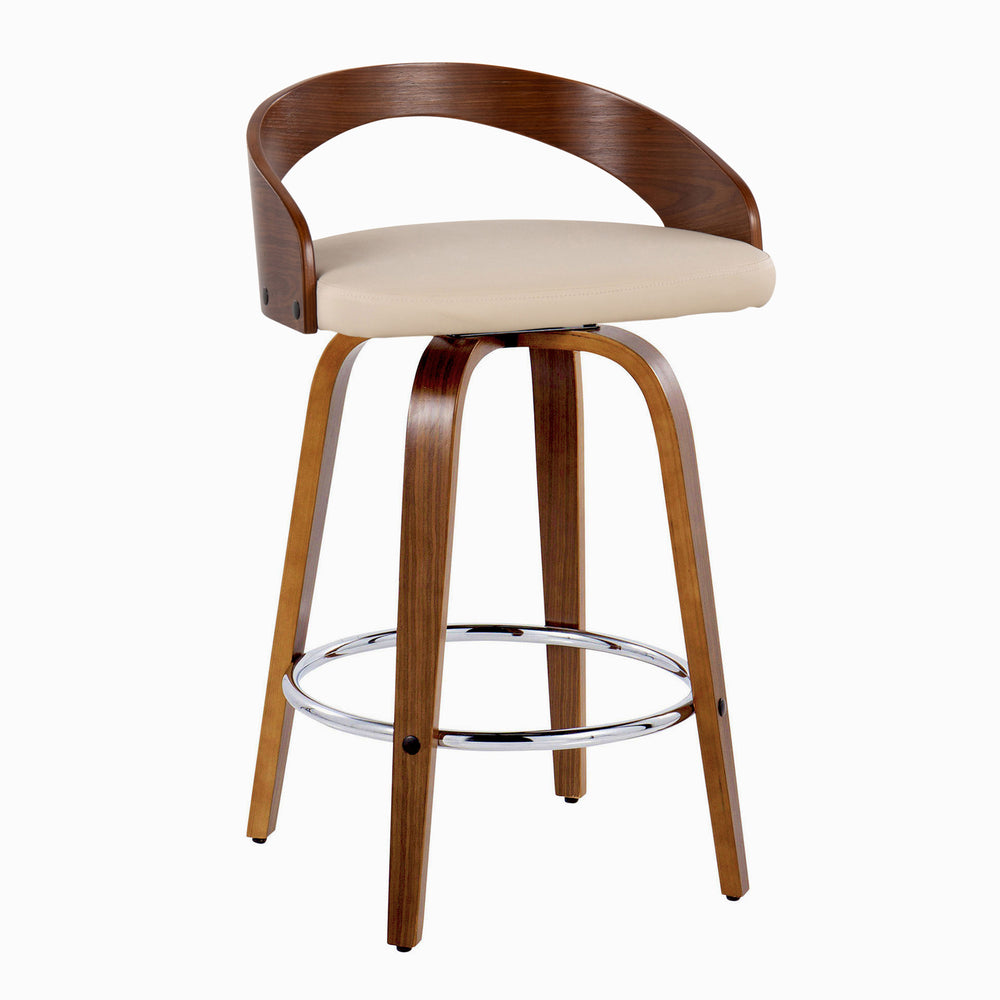 English Elm Grotto 26" Mid-Century Counter Stools Set of 2 - Swivel Cream Faux Leather, Walnut Legs & Chrome Footrest B202S00320