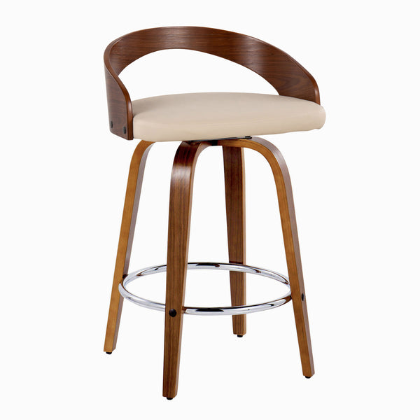 English Elm Grotto 26" Mid-Century Counter Stools Set of 2 - Swivel Cream Faux Leather, Walnut Legs & Chrome Footrest B202S00320