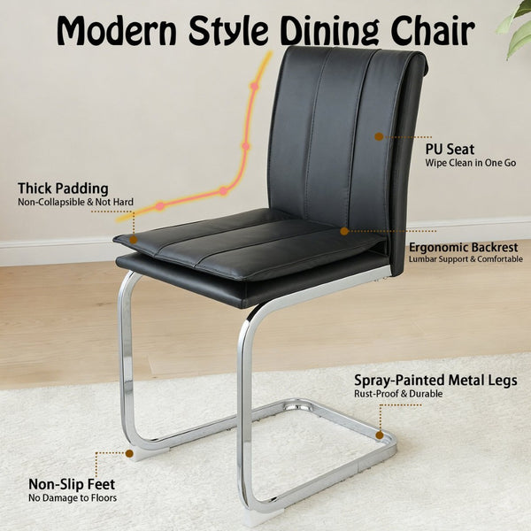 English Elm Modern Pu Leather Cantilever Dining Chairs Set of 4 with Steel Arc Frame for Kitchen Black And Silver W5123P454214