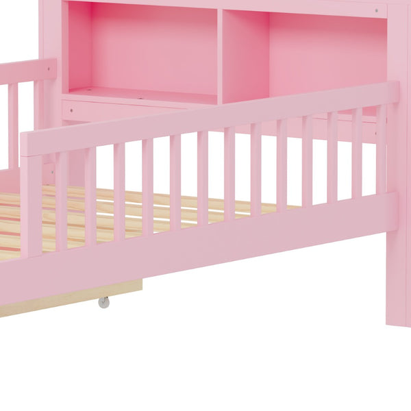 English Elm Twin Size Bed With Pink Finish, Headboard Storage, Under-Bed Drawers & Guardrails For Kids' Safety N733P272374H-GIGA