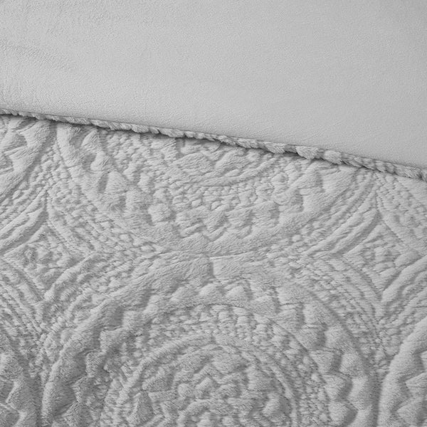 English Elm Full/Queen Arya Embroidered Medallion Faux Fur Ultra Plush Comforter Mini Set – Grey Luxury, Machine Washable, Soft B03597085