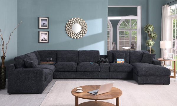 English Elm Chiara Chenille Sectional Sofa with Chaise Cupholders Usb Charging Ports Living Room Dark Gray B2749S00234