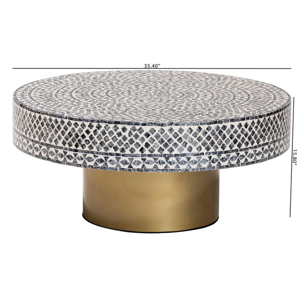 English Elm Coastal Capiz Shell Mosaic Round Coffee Table Artisan Iridescent Living Room Accent B2750P467802