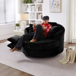 English Elm 360° 360 Swivel Round Lounge Chair Corduroy Upholstered Sculptural Seat with Removable Pillows Black W3705S00036
