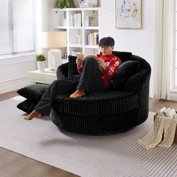 English Elm 360° 360 Swivel Round Lounge Chair Corduroy Upholstered Sculptural Seat with Removable Pillows Black W3705S00036