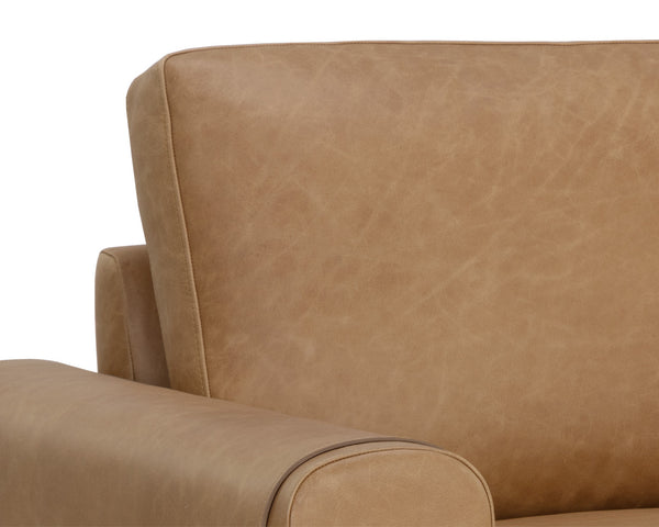 Sunpan Camus Armchair - Luxurious Ludlow Sesame Leather with Playful Strap Detailing and Black Iron Legs