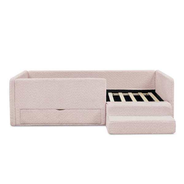 English Elm Twin Boucle Upholstered Kids Bed with Guardrails Built in Storage and Cushioned Step Stool Pink W1413P433365