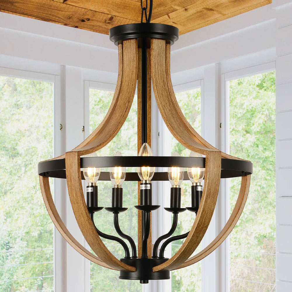 English Elm 5-Light Farmhouse Chandelier Vintage Geometric Wooden Frame Metal Fixture for Dining Room Foyer Brown W2738P242327