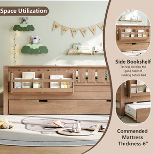 English Elm Twin Kids Platform Bed with Trundle Staircase Bookshelf and Rounded Safety Rails Natural W1580S00561
