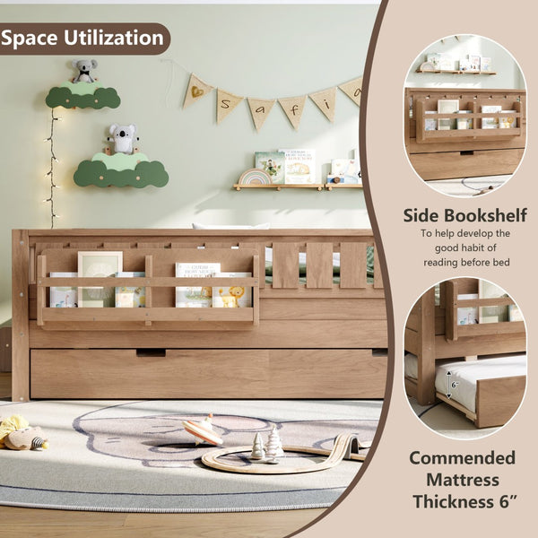 English Elm Twin Kids Platform Bed with Trundle Staircase Bookshelf and Rounded Safety Rails Natural W1580S00561
