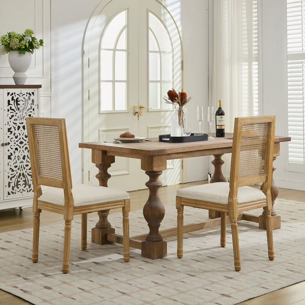 English Elm French Louis Dining Chair Set of 2 with Rattan Square Backrest, Carved Solid Wood Frame, Cushioned Elegance Beige W1143P335056