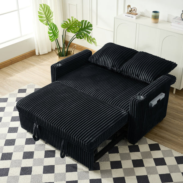 English Elm Sleeper Modern Corduroy Convertible Sofa Bed with USB Ports, Cup Holders, Storage Pockets, Recline Black W1825P333318
