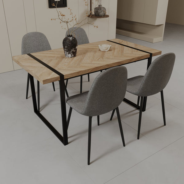 English Elm 59" Light Wood Mdf Dining Table Set With 4 Suede Chairs - Modern Farmhouse & Industrial Style W2189S00165
