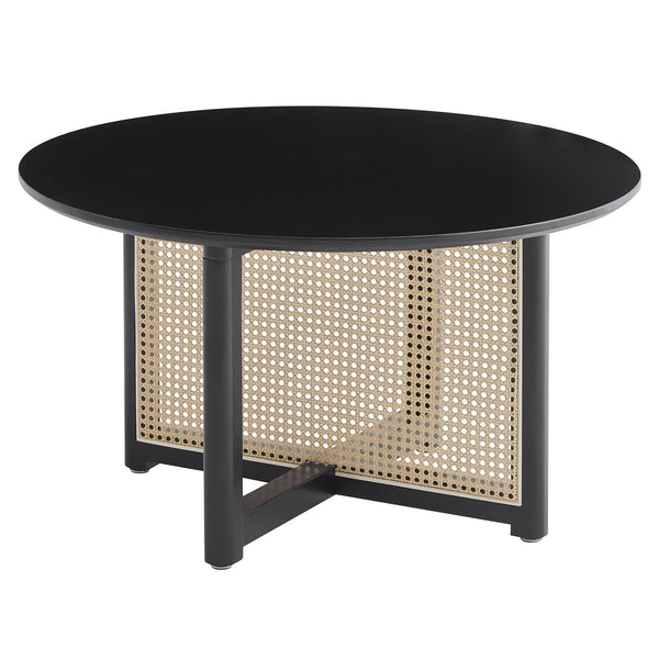 English Elm Mid-century round solid wood coffee table with PE rattan stand, 31.5" Boho black centerpiece, durable style W2720P237624