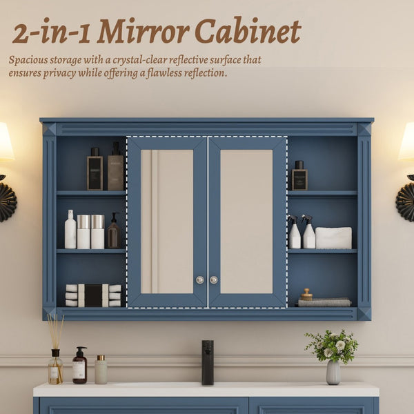 English Elm 47 Inch Wall Mounted Medicine Cabinet with Mirror Open Shelving and Adjustable Storage N710P363550C