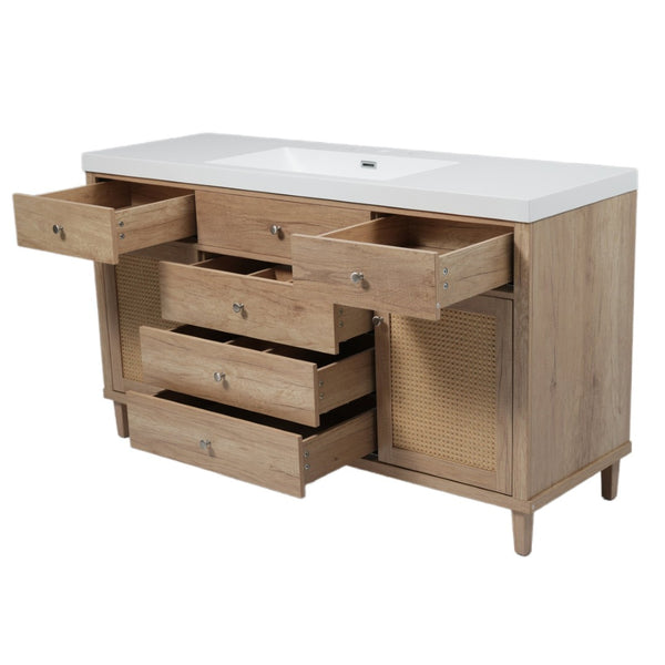 English Elm 60" Boutique Bathroom Vanity Rattan Doors Soft Close Drawers Smc Sink Pine Legs Natural Wood N817P397678N