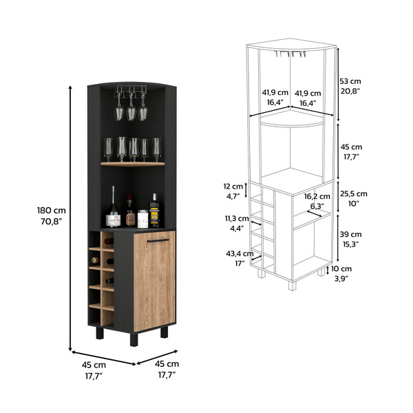 English Elm Corner Bar Cabinet with Ten Built-In Wine Slots, Cup Rack & Spacious Top Shelf for Entertaining Multicolor 43 L x 21 W x 3 H B097S00134
