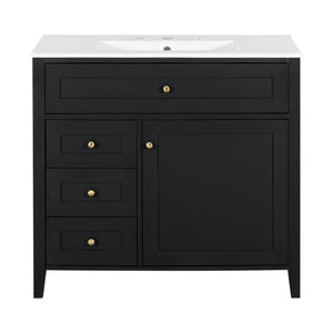 English Elm 36-Inch Black Bathroom Vanity With Sink – Modern Design, 3 Drawers, Adjustable Shelf For Storage N725P350821B