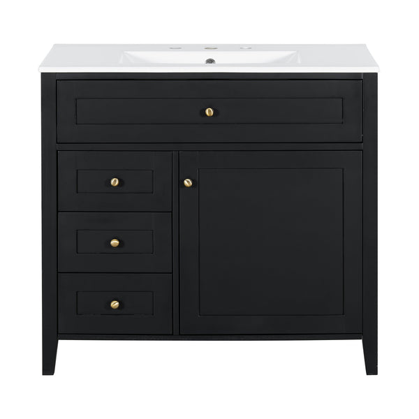 English Elm 36-Inch Black Bathroom Vanity With Sink – Modern Design, 3 Drawers, Adjustable Shelf For Storage N725P350821B
