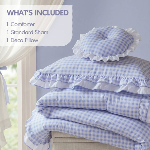 English Elm 3-piece Cottage Gingham Comforter Set with Ruffle Trim and Round Throw Pillow Blue B035P463185