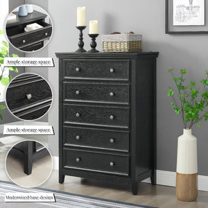 English Elm Modern 5 Drawers Dresser with Smooth Glide Drawers, Stylish Metal Handles & Unique Stable Feet Organizer for Bedroom and Living Room Storage (45.87"L x 20.08"W x 11.03"H) Black W2275P149804