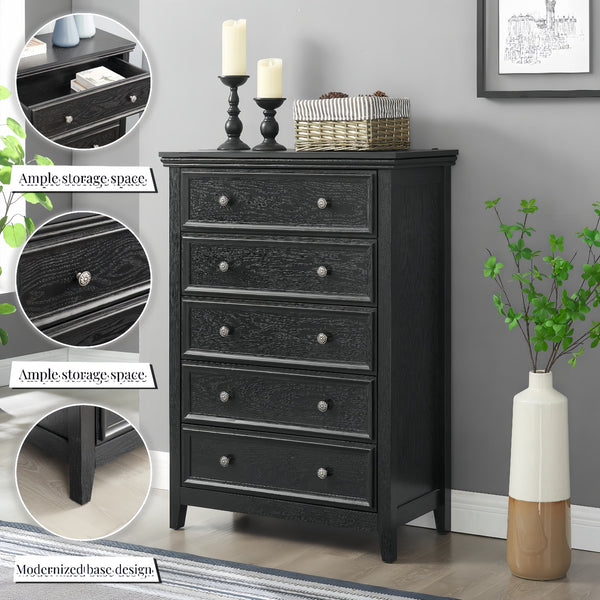 English Elm Modern 5 Drawers Dresser with Smooth Glide Drawers, Stylish Metal Handles & Unique Stable Feet Organizer for Bedroom and Living Room Storage (45.87"L x 20.08"W x 11.03"H) Black W2275P149804