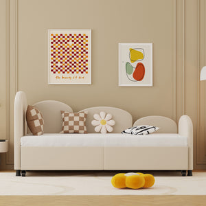 English Elm Twin Flower Velvet Daybed Frame with Pull-Out Storage Drawer, Modern Plush Sofa Bed for Kids Beige W395S00115