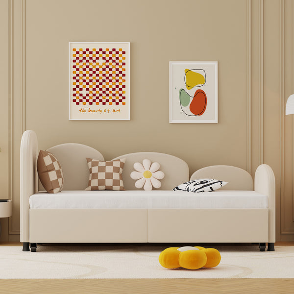 English Elm Twin Flower Shape Velvet Daybed with Storage Drawer, Modern Kids Sofa Bed Frame for Bedroom Beige W395S00115