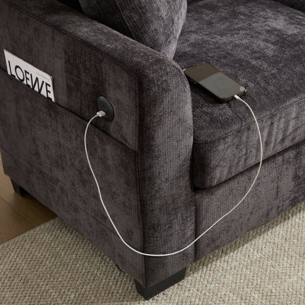 English Elm Modern Chenille L-shaped Sectional with Usb Charging Ottoman Storage Living Room Couch Black W2120S00014