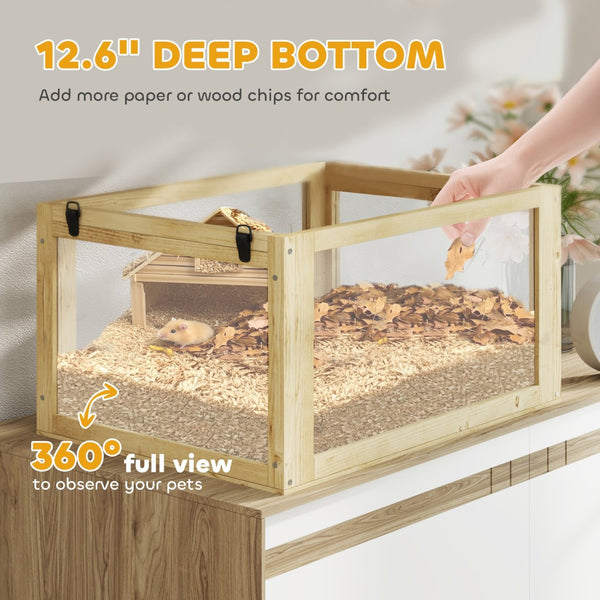 English Elm 3 Tier Solid Fir Wood Hamster Cage with Acrylic Panels and Deep Burrowing Chamber T3971P407314