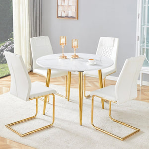 English Elm Table and Chair Set Extendable Mdf Round Oval Dining with Gold Arched Legs White+Gold W1151S03950