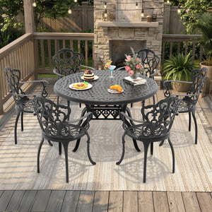 English Elm 7-piece Cast Aluminum Outdoor Dining Set Ornate Floral Carved Patio Furniture W1710S00555