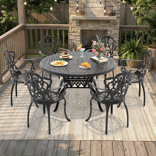 English Elm 7-piece Cast Aluminum Outdoor Dining Set Ornate Floral Carved Patio Furniture W1710S00555