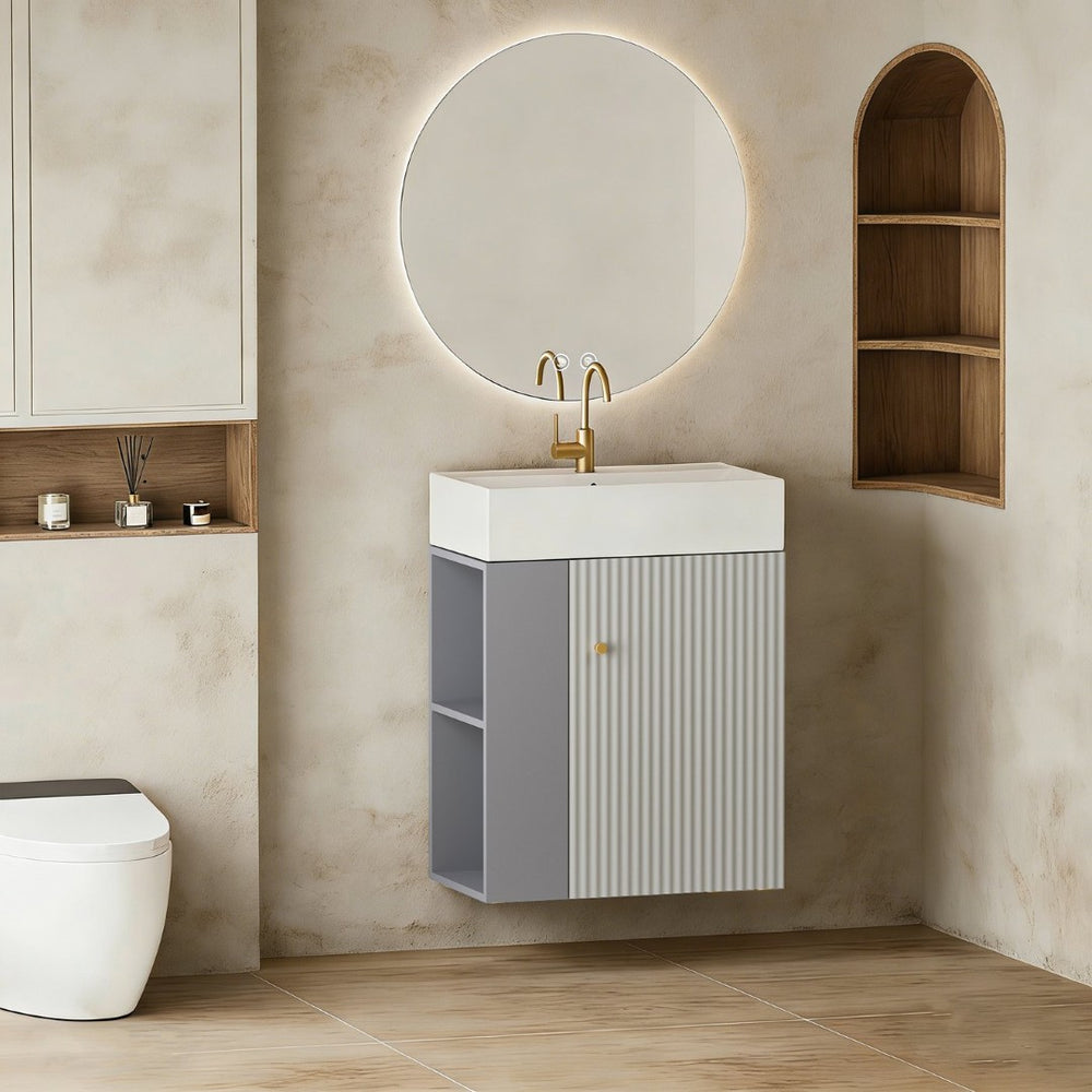 English Elm 21.6" Floating Bathroom Vanity with Ceramic Sink Open Shelving and Soft Close Storage W1573S00092