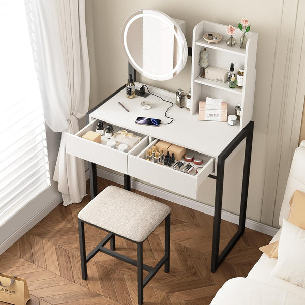 English Elm Small Bedroom Vanity Desk with Led Mirror Cushioned Stool Power Outlet and Storage White+Black W3587P462333