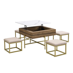 English Elm Modern Square Lift-Top Coffee Table Set with Hidden Storage, 4 Tuck-Away Ottomans, White Walnut Elegance CH192954AAK