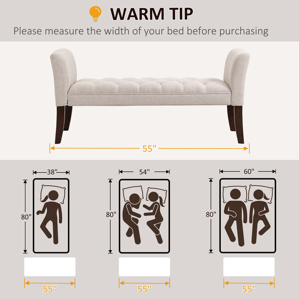 English Elm HOMCOM Tufted Upholstery Bench with Arms — Plush Linen-Feel Seat, Solid Wood Legs, Versatile Entryway seating solution Beige W2225P217028