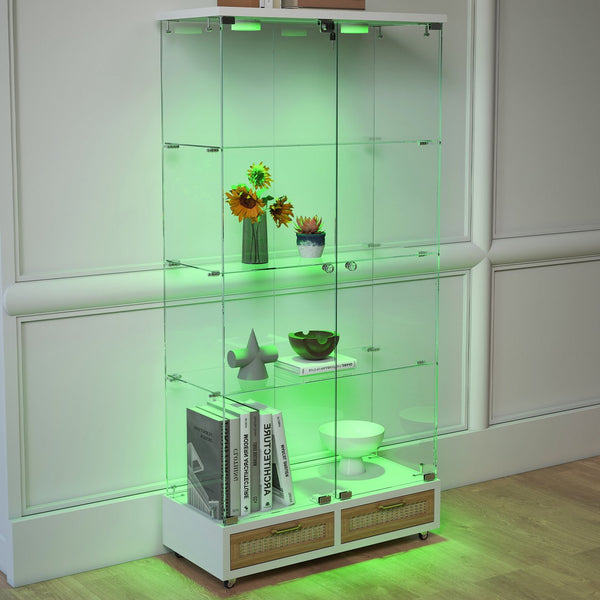 English Elm Modern Glass Display Cabinet With Led Lighting, Lockable Drawers, And Adjustable Shelves For Home Décor W241S00059