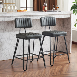 English Elm Industrial Bar Stools Set of 2 — Counter Height PU Leather Seats, Sturdy Metal Frame, Ergonomic Backrest and Footrest for Kitchen Island and Home Bar Grey W1901P264278