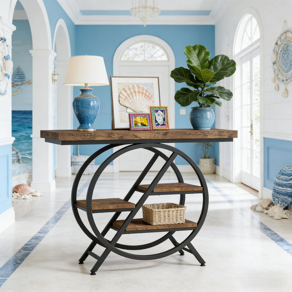 English Elm Hall Console Table Faux Marble Top Gold Geometric Base Modern Entryway Accent T3971P451093