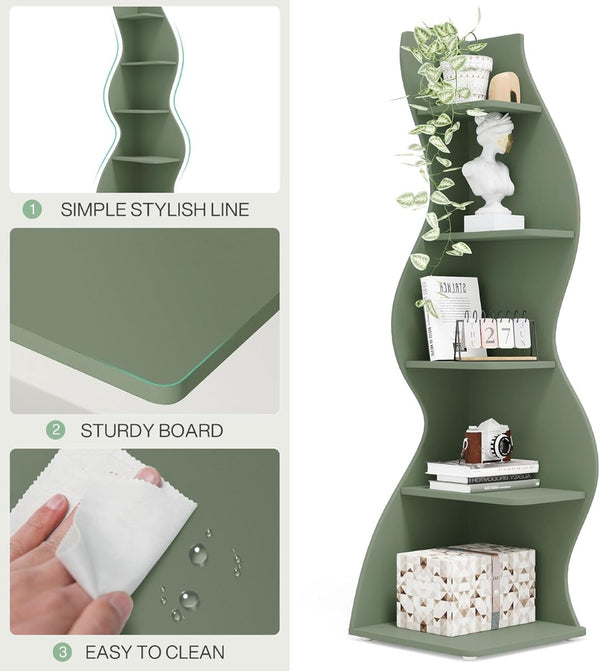 English Elm 5-tier Corner Shelving Unit Tall Engineered Wood Open Rack for Bedroom or Office Sage Green T3971P418284