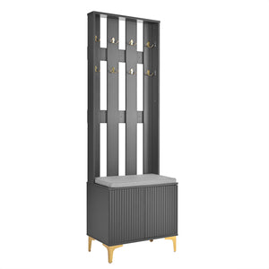English Elm ON-TREND Modern Luxury Hall Tree with Cushioned Bench, Fluted Doors, 8 Gold Hooks & Adjustable Shelf Grey N721P192814E