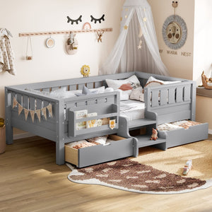English Elm Twin Kids Storage Bed with Bookshelf Headboard Safety Staircase and Under Drawers Gray W1580P379185