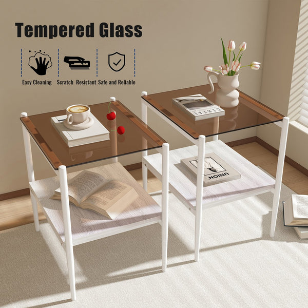 English Elm Coffee Table And End Tables Set Of 3 – Modern Brown Glass, Sturdy Iron Legs, Ideal For Living Room W241S00044